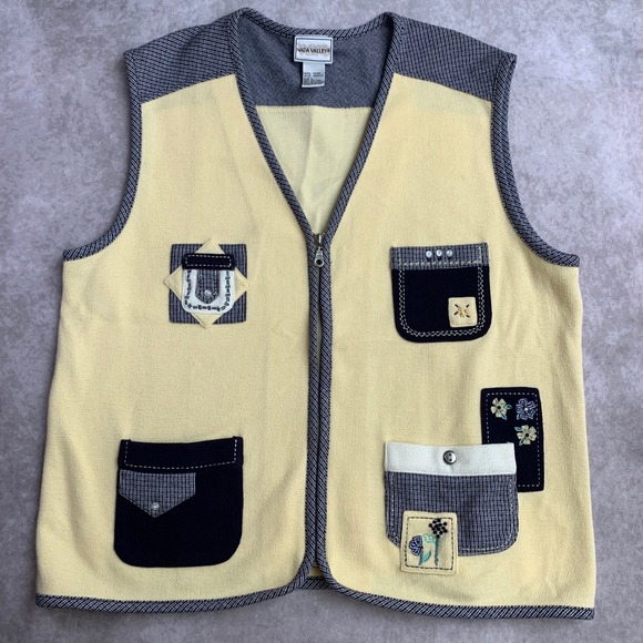 Napa Valley Jackets & Blazers - Napa Valley Womens Large Yellow Ribbed Patchwork Zip Up Vest Floral Kitschy L